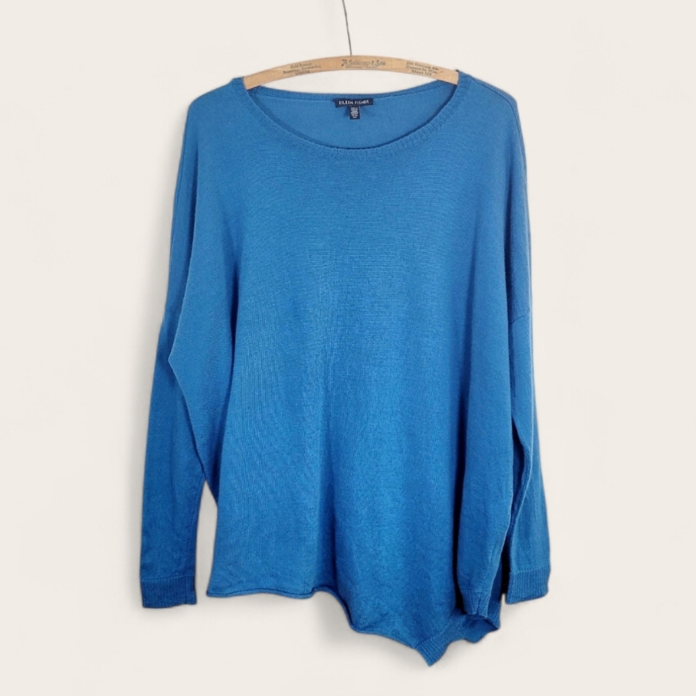 EILEEN FISHER Teal Nile Blue Lightweight Merino Wool Asymmetric Hem Sweater S - Picture 5 of 5